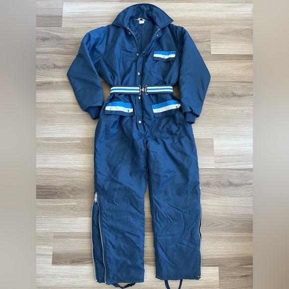 Vintage 80s 90s Montgomery Ward Striped 1 Piece Snow Suit Coveralls Large - Picture 1 of 6
